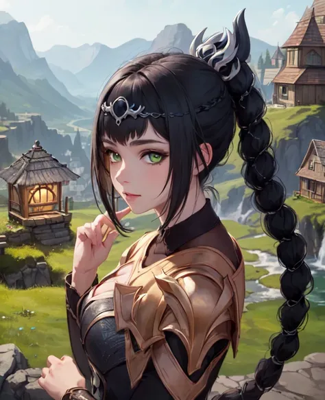 (masterpiece, best quality), 1girl, shadowheart, black hair, braided ponytail, green eyes, circlet, black pants, closeup, sketch, looking at viewer, ((green eyes)),(fantasy village on background),