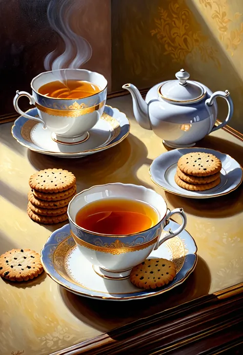 a detailed cup of tea, three cookies, oil painting on canvas, subtle steam, mild aroma, warm lighting, photorealistic, intricate...