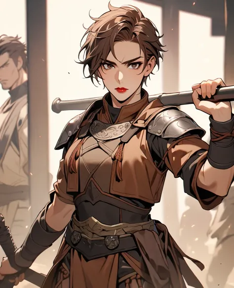 beautiful, single, 1 girl with short hair, red lips, Mens Hairstyles, brown hair, brown-black eyes, warrior outfit, Brown tone, holding a sledgehammer in hand.