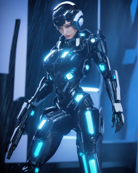 城市middle穿著未來服裝和未來派武器的動漫人物,Super Detail, High Detail, high quality, best quality, High resolution，1 female robot，Beautiful female robot,beautiful clear face(Rain waves_haneame：1.5)! Catwoman, Network Package, perfect anime robot woman, European Cyberpunk, f...