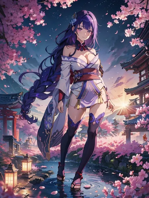 ((Full body image:1.4))Japanese Shrines, (Highest quality，Realistic,masterpiece:1.2，8k wallpaper:1.2)，((Pale skin))，One Girl，women only，((raidenshogndef))((Genshin Impact，General Raiden))，Lightning Particles，Purple Lightning，Light background，cherry blossom...