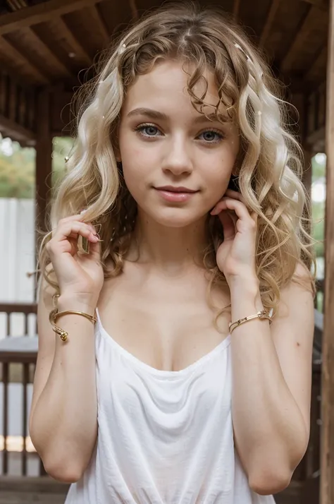 A small, white-skinned woman with curly hands, curly to straight hair, and a bracelet  