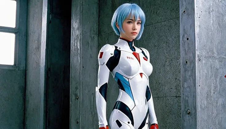 rei ayanami from neon genesis evangelion, beautiful japanese teenager, white suit, real girls, she&#39;s in a super futuristic m...