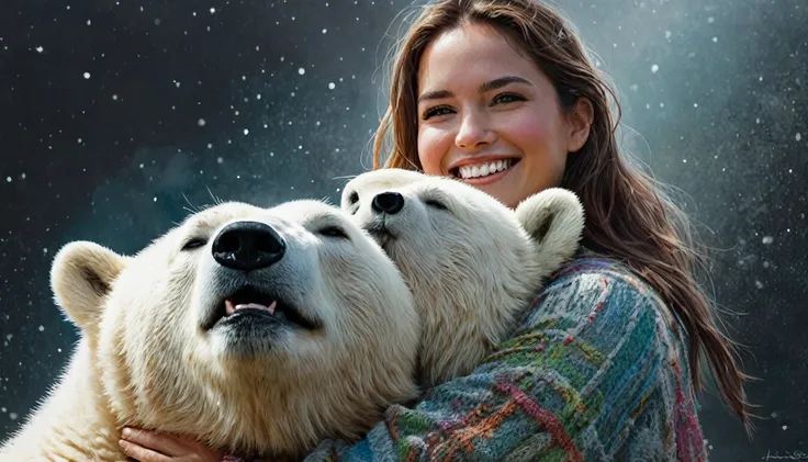 half  body,
a woman smile  with her best friend her Polar Bear,
dark complex background, style by Thomas Kinkade+David A. Hardy+Carne Griffiths+Mandy Disher half vivid colors fine art, best quality, high detailed, detailed faces, 2d,