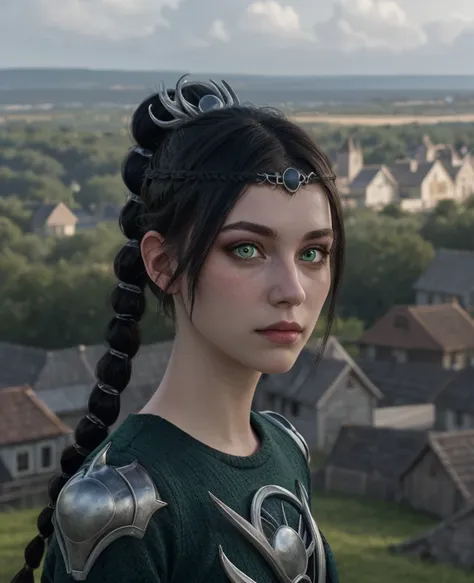 (masterpiece, best quality), 1girl, shadowheart, black hair, braided ponytail, green eyes, circlet, black pants, closeup, sketch, looking at viewer, ((green eyes)),(fantasy village on background),