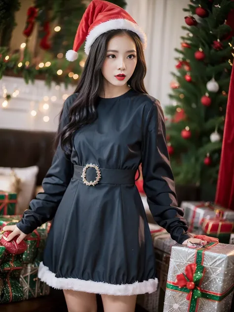 Woman wearing sexy Christmas witch costume,blue dress, luxury bedroom, blue dress,big ,หน้าอกbig,Actually,virtual