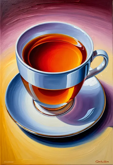 Single cup of tea. Oil painting on canvas.