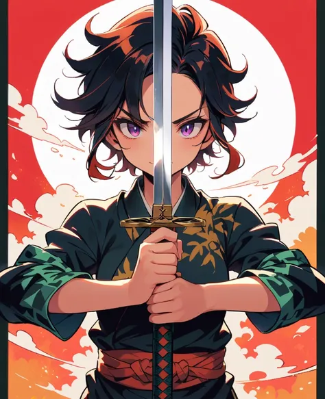 TANJIRO KAMADO，Sword in both hands，sword focus，cartoon，