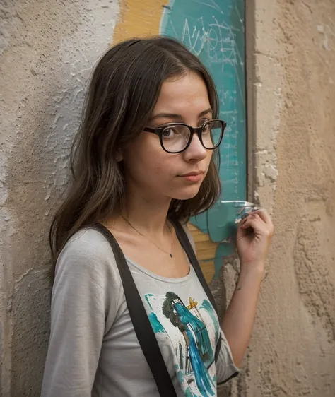 Can you generate an image of a street in Italy and there is a girl with glasses who is looking at a portrait of herself painted on a wall?. That the girl has a camera in her hands