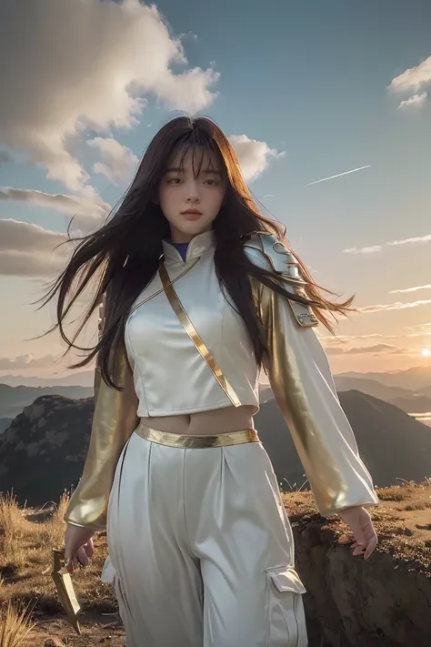 ((masterpiece, best quality, extremely detailed), volumetric lighting, ambient occlusion, colorful, glowing), 1girl, solo, young girl, (dark hair), long hair, ranger suit, hunter class dnd, (white outfit with gold detailst:1.3), armor, outdoors, sunset, sk...