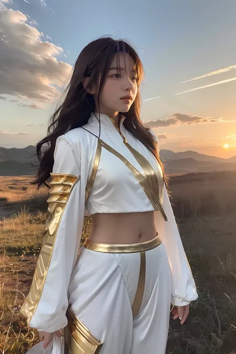 ((masterpiece, best quality, extremely detailed), volumetric lighting, ambient occlusion, colorful, glowing), 1girl, solo, young girl, (dark hair), long hair, ranger suit, hunter class dnd, (white outfit with gold detailst:1.3), armor, outdoors, sunset, sk...