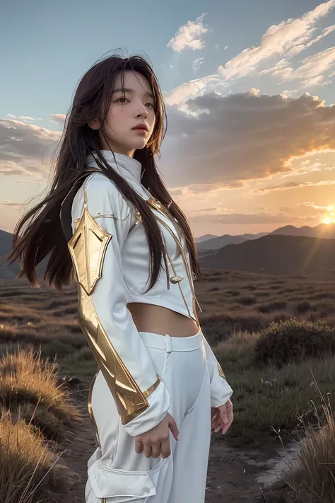 ((masterpiece, best quality, extremely detailed), volumetric lighting, ambient occlusion, colorful, glowing), 1girl, solo, young girl, (dark hair), long hair, ranger suit, hunter class dnd, (white outfit with gold detailst:1.3), armor, outdoors, sunset, sk...