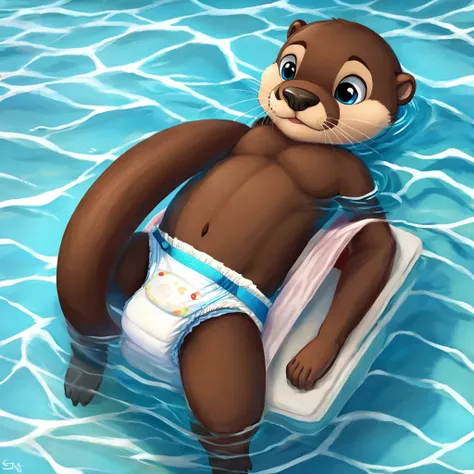 Swimming Furry otter wearing a diaper