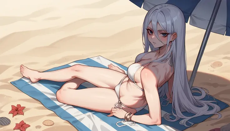 score_9, score_8_up, score_7_up, source_anime, rating_explicit ,frieren sousou, in beach, white bikini, sit in sands