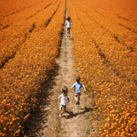 Two kids running through a tall orange field, down view