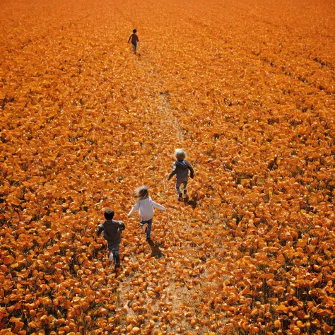 Two kids running through a tall orange field, down view