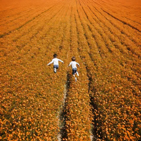 Two kids running through a tall orange field, down view