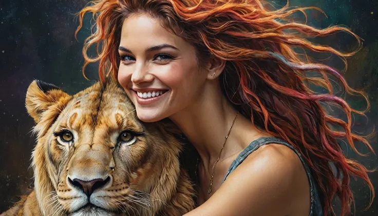 half  body,
a woman smile  with her best friend her lion,
dark complex background, style by Thomas Kinkade+David A. Hardy+Carne Griffiths+Mandy Disher half vivid colors fine art, best quality, high detailed, detailed faces, 2d,