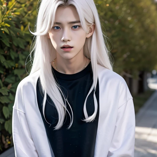 young boy, long white hair , Eyes red, Very beauthful, wearing a white sweatshirt, and black jeans, with a slightly angry face.