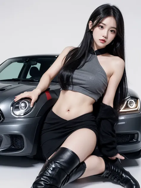 Beautiful woman wearing a black grey mini dress with decorations on the shirt and visible shoulders and wearing boots and being photographed with a white background Dan was on top of the car holding a gun, Korean style swag, beautiful face so gorgeous, Bea...