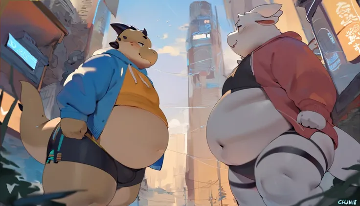 Dragon,male, adult, chubby round belly,yaoi, doujin,wearing stylish sweatshirt, Shorts, cyberpunk big city, summer vibes, detail background, out view scale, pixiv artwork,hd,4k, colour full, smooth lighting,Three point perspective , Ghibli style, art style...