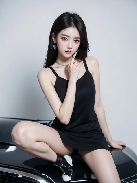 Beautiful woman wearing a black grey mini dress with decorations on the shirt and visible shoulders and wearing boots and being photographed with a white background Dan was on top of the car , Korean style swag, beautiful face so gorgeous, Beautiful eyes, ...