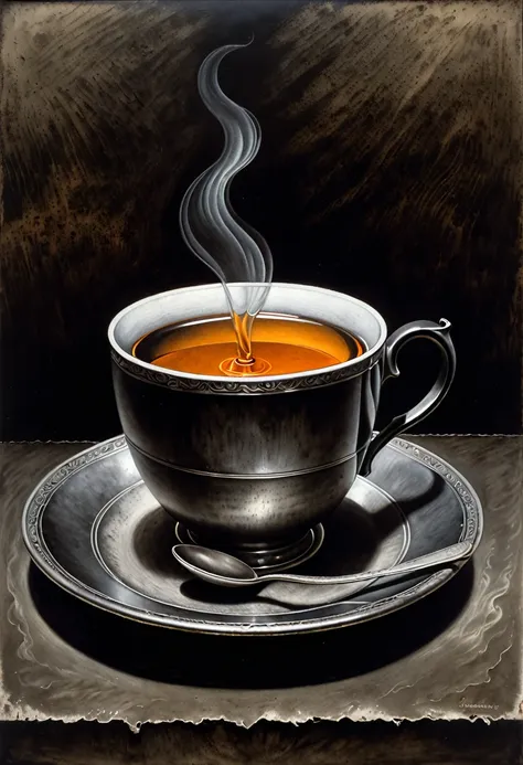 single cup of tea. fresco style on metal, using charcoal, of mezzotint printing.