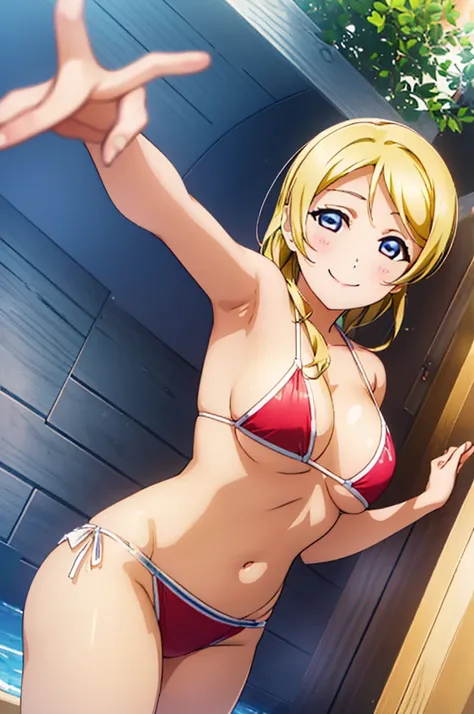 (((pixel-perfect, detail-perfect))), solo, 1girl, Eli ayase, smile, eyes azzur, hair blonde, sauna, armpit, bikini, large extreme filesize, ultra High Qality