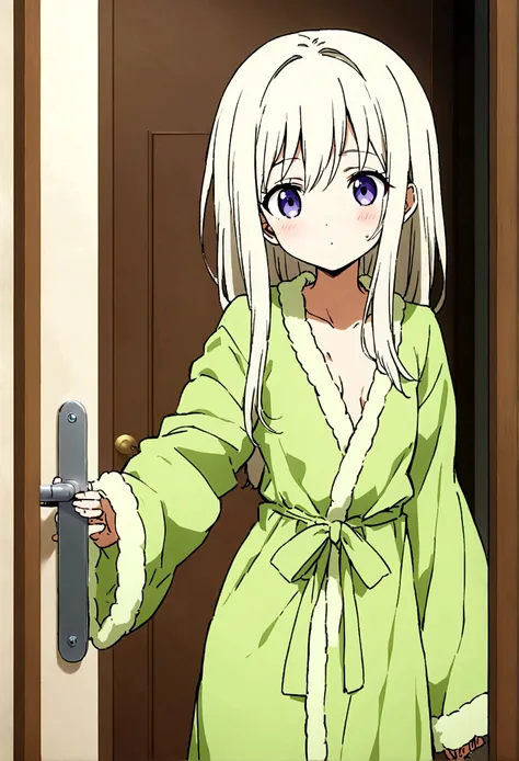 an 18-year-old girl , short girl with small breasts wearing an open post-bath robe ,answering the door of your apartment (anime styling) 