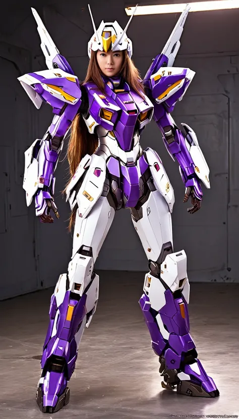 RAW, Masterpiece, Ultra Fine Photo,, Best Quality, Ultra High Resolution, Photorealistic, Sunlight, Full Body Portrait, Stunningly Beautiful,, Dynamic Poses, Delicate Face, Vibrant Eyes, a full body of a woman in a purple and white gundam custume, dybamic ...