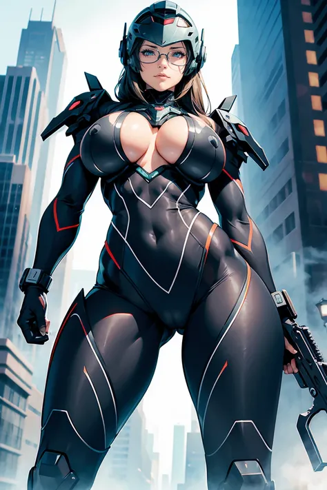 woman in muscular ai suit big tits metriod suit head helmet vison glasses advanced tech muscle legs large gun