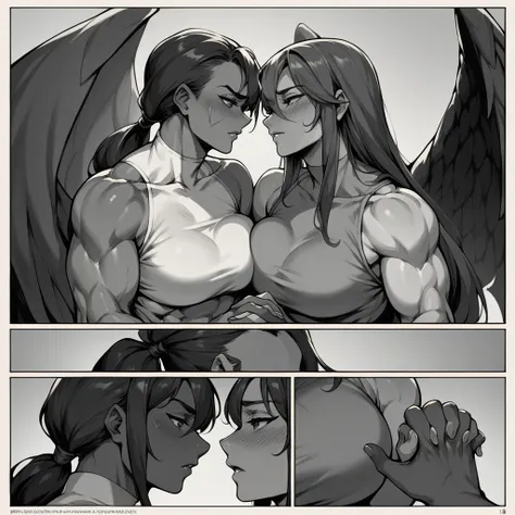 blush, breasts, comic, dark-skinned female, dark skin, english text, greyscale, holding hands, large breasts, long hair, monochrome, multiple girls, muscular, muscular female, ponytail, scar, twin tails, wings, yuri