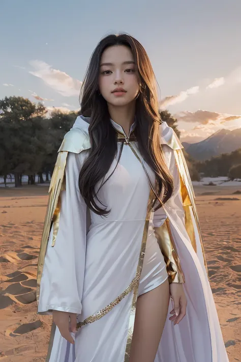 ((masterpiece, best quality, extremely detailed), volumetric lighting, ambient occlusion, colorful, glowing), 1girl, solo, young girl, (dark hair), long hair, ranger suit, hunter class dnd, cloak, (white outfit with gold detailst:1.3), armor, outdoors, sun...