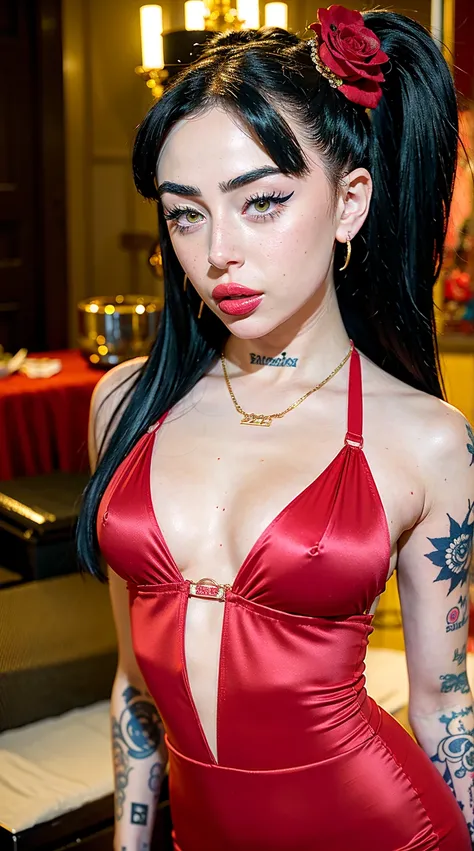 a close up of 1girl in a red dress with tattoos on her chest, (tipo de cuerpo pequeño:1.1), (petite body), multiple angles, charli xcx, ava max, bella poarch, she looks like a mix of grimes, charli bowater, sexy look, billie eilish, madison beer as leeloo,...