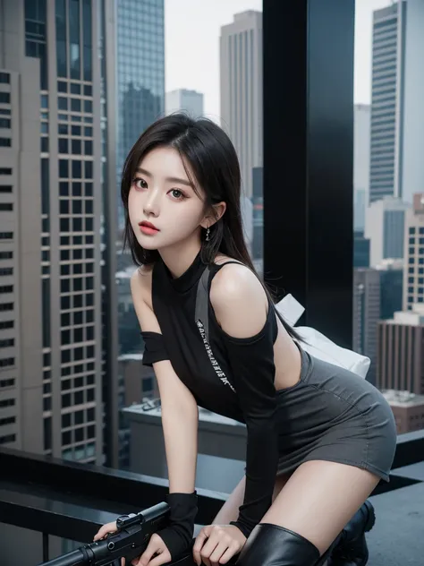 Beautiful woman wearing a black grey mini dress with decorations on the shirt and visible shoulders and wearing boots and being photographed with a background And was on top of the building holding a gun , Korean style swag, beautiful face so gorgeous, Bea...