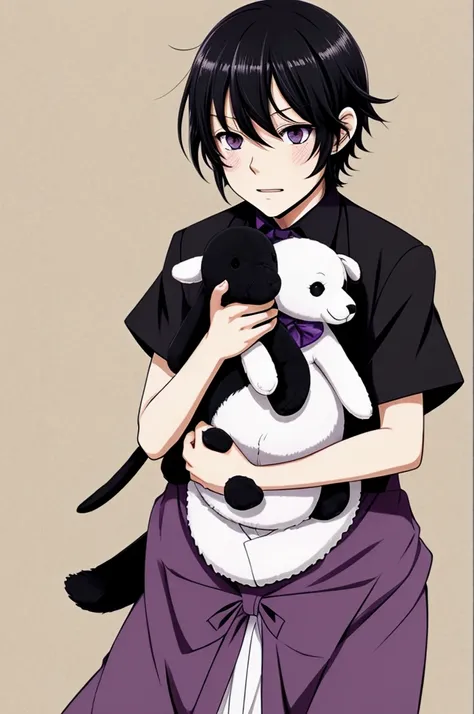 creates the image of a baby with black hair and violet eyes, playing with a stuffed animal. Bungou stray dogs drawing style