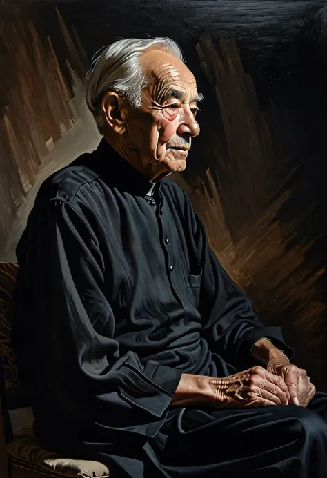 95 years old man in black dress sitting merely in the full of dark. only black shadows. Subtle flash from somewhere hitting on his face. It shows a deep relax. 45 degree side view from right. Acrylic high brush stroke on Linen, unclear image.