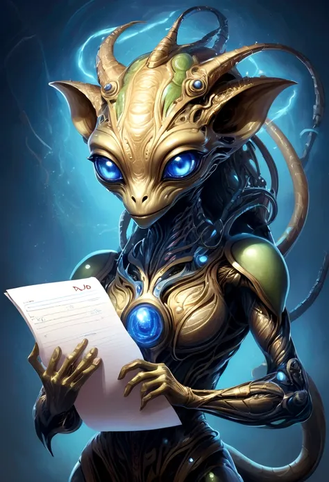 cute alien monster in her arms holding a to-do list,