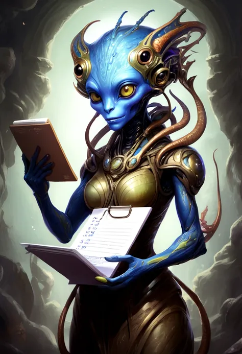 cute alien monster in her arms holding a to-do list,