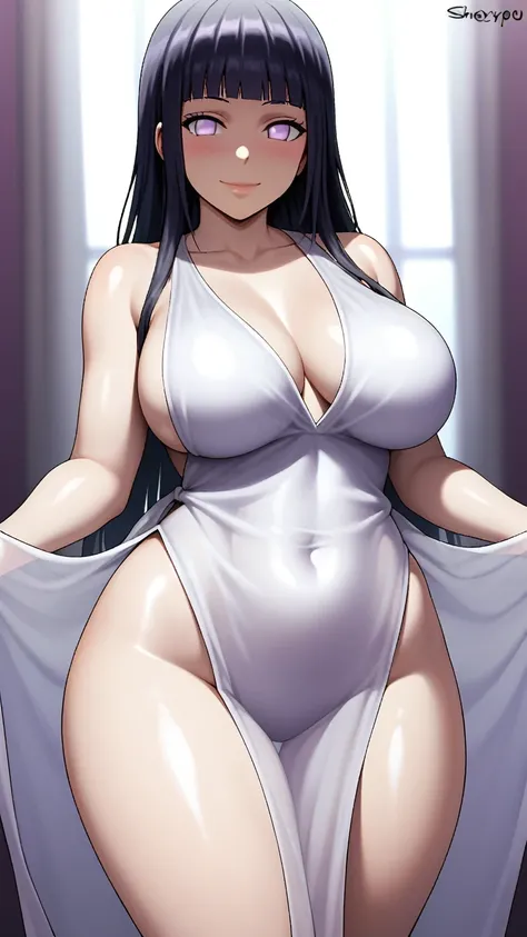 1girl, hyuuga_hinata, breasts, solo, long_hair, dress, large_breasts, blush, looking_at_viewer, black_hair, plunging_neckline, purple_eyes, blunt_bangs, shiny_skin, bangs, shiny, lips, covered_navel, thighs, see-through, collarbone, bare_shoulders, smile, ...