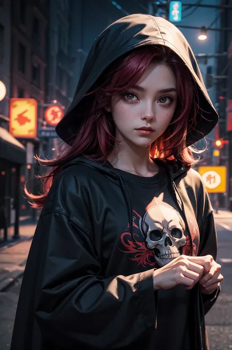 A detailed illustration face skull grim reaper,magic, t-shirt design, red color , dark magic splash, dark, ghotic, t-shirt design, in the style of Studio Ghibli, pastel tetradic colors, 3D vector art, cute and quirky, fantasy art, watercolor effect, bokeh,...