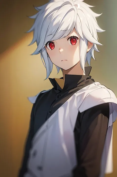 (Best quality:1.1), (masterpiece:1.4), Photorealistic, 1 boy, One, male focus, Looking at the viewer, , depth of field, clear line, , bell_cranelle, White hair, Red eyes, , , Science fiction