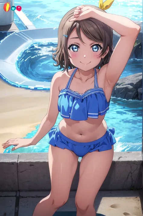 (((pixel-perfect, detail-perfect))), solo, 1girl, you watanabe, eyes azzur, smile, bikini, summer beach, armpit, big filesize, ultra High Qality