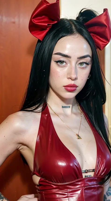 a close up of 1girl in a red dress with tattoos on her chest, (tipo de cuerpo pequeño:1.1), (petite body), multiple angles, charli xcx, ava max, bella poarch, she looks like a mix of grimes, charli bowater, sexy look, billie eilish, madison beer as leeloo,...