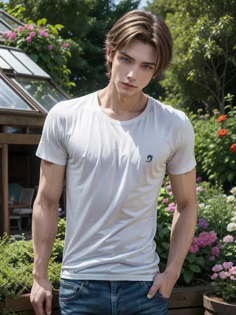 a handsome slim man, attractively slender,torso muscular , with light brown hair with light blond,blue eyes, black v-cut t-shirt, jeans, background a flower garden with beautiful colorful flowers lake a greenhouse