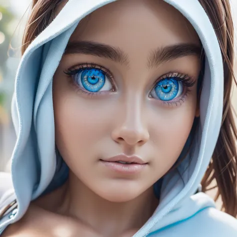 (Ultra Real), (Illustration), (High Resolution), (8K), (Very Detailed), (Best Illustration), (Beautiful Detailed Eyes), Brazilian girl wearing hoodie open white, 22 years old, showing baby blue strapless T-shirt, (big breasts:0.7)