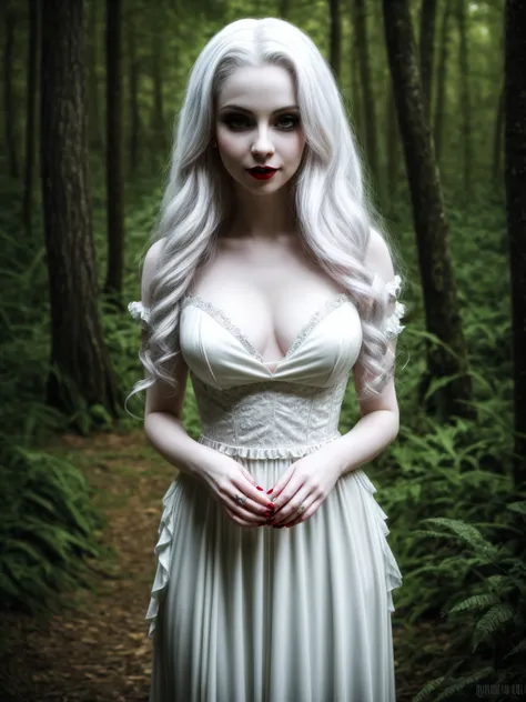 female sexy vampire|albino, pale porcelain skin, sexy vintage black dress, smile, shallow depth of field, grin|creepy, nightfall, detailed face, night, wide hips, narrow waist, portrait of woman standing, detailed eyes, portrait of woman standing, 8k RAW p...