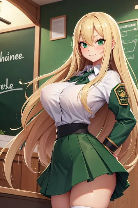 long Blond hair, body, big breasts, big ass, green eyes, sexy school clothings, skirt, tigh highs ,happy ,mischief