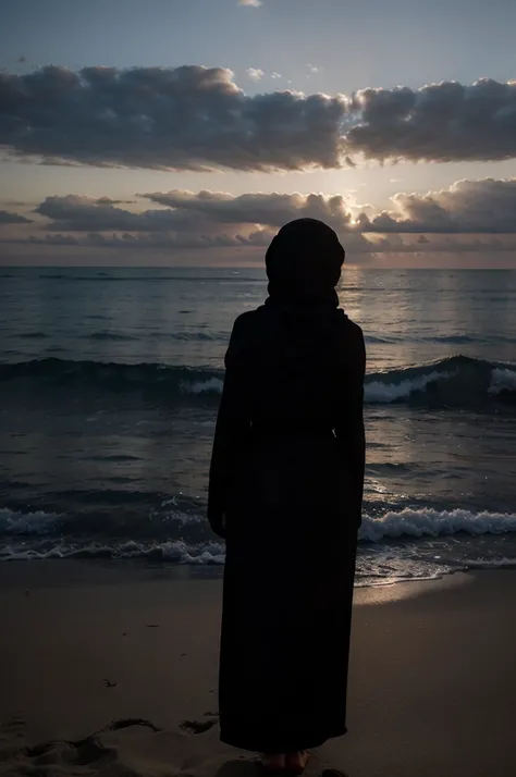 the view of the beach and the twilight sky and then there is the silhouette of a woman whose back is turned wearing a long black hijab niqab wearing a wide and long black robe and the robe is exposed to the effects of the wind