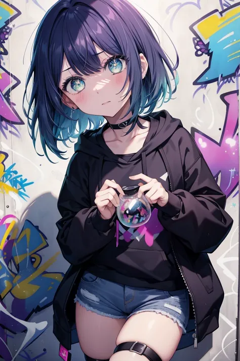 akanekurokawa, Akane Kurokawa, aqua eye, blue hair, medium hair, side lock,black hoodie,wearing a hood,denim shorts, choker, (graffiti:1.5), paint splatters, turn your arms behind your back, towards the wall, looking at the viewer, thigh strap, head tilt, ...